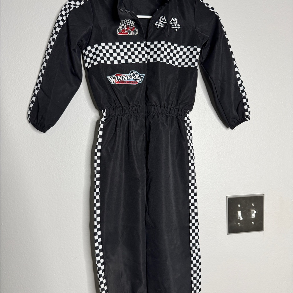Black Racing Jumpsuit with Checkered Accents